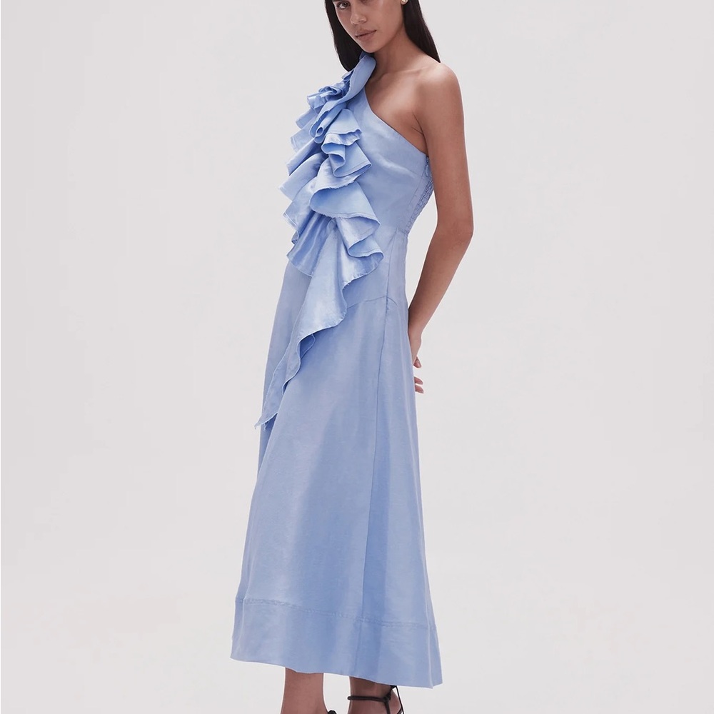 Aje Blue Asymmetrical Ruffled One-Shoulder Dress